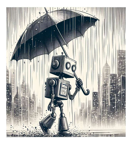 Vinilo 60x60cm Robot Paraguas Lluvia Dibujo Rain Walk M1