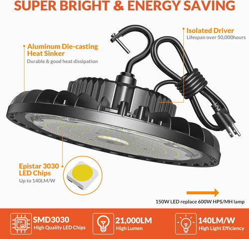 Luz Led De Alta Bahía De 150 W, 21,000 Lm, 5000 K, Luz Diurn