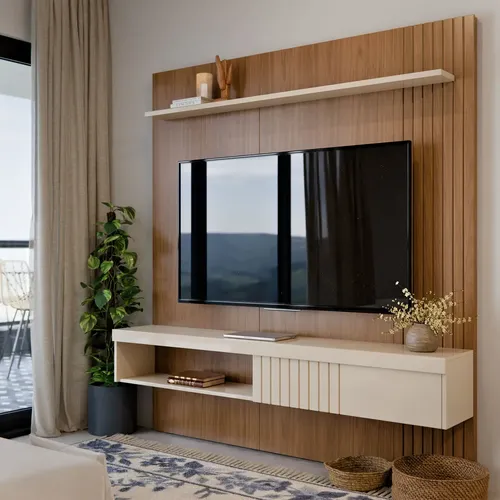 Painel Suspenso Jade Para Tv De Até 60 , Freijó/off E Mdf/mdp