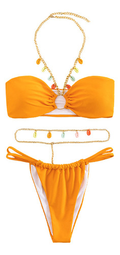 Bikini Liso Con Cuello Colgante De Metal