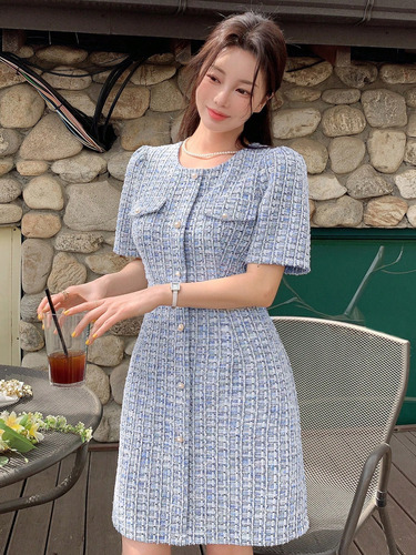 Vestido Elegante De Cuadros Para Con Cuello Redondo, Ajusta