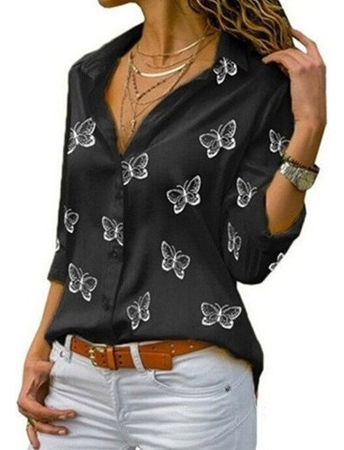 Camisa De Mujer Con Solapas Sueltas Y Estampado De Mariposas
