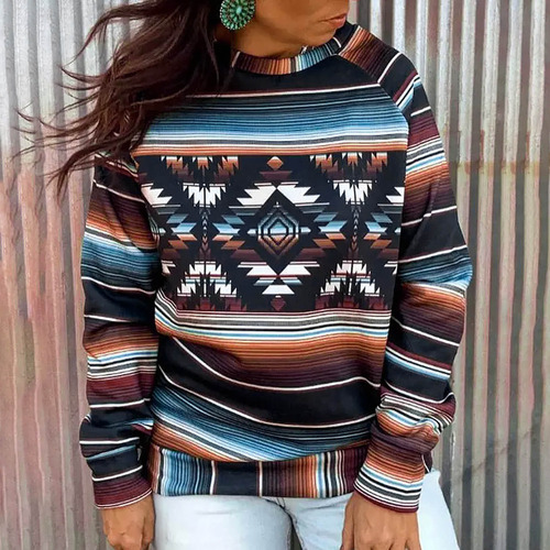 Blusa De Moda Con Cuello Redondo Y Manga Larga Estampada Par