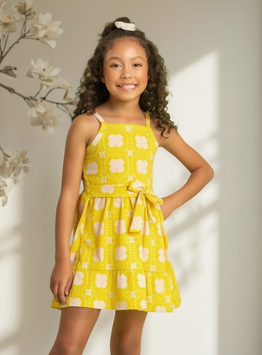 Vestido Infantil Menina Tam 6 Ao 12 Flor Amarelado