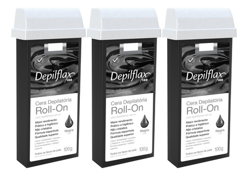 3un Cera Refil Roll On Negra 100g Depilação Depilflax
