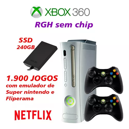 Xbox 360 Arcade Rgh E Lt 3.0 Ssd 240gb + 2 Controles Com 35 Jogos Na Memoria