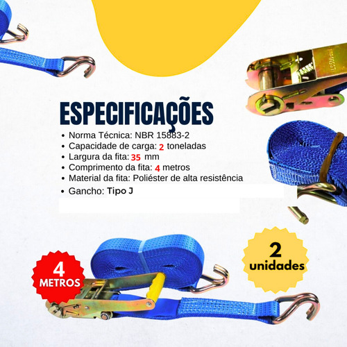 Cinta E Catraca 2 Toneladas 35 Mm 4 Metros Gancho J Cor Azul Amarração Carga Caminhão Reforçada