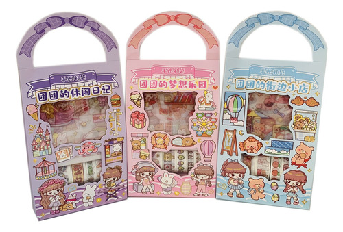 Pack 3 Hermosas Caja Kawai Stickers  Y Cinta Adhesiva