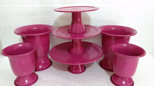 Suporte 3 Bandejas Alumínio Bolo Pink + 04 Vasos