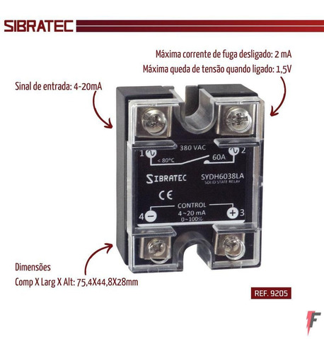 Imagem 2 de 2 de Rele Estado Solido 4 A 20ma 60a 0 A 380vca Sibratec 9205