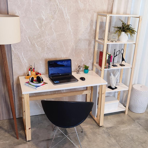 Mesa de estudio y estantería para oficina en casa con estantes de madera blancos