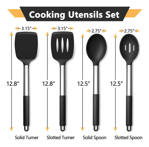 Juego De 4 Utensilios De Cocina De Silicona Negros Antiadher