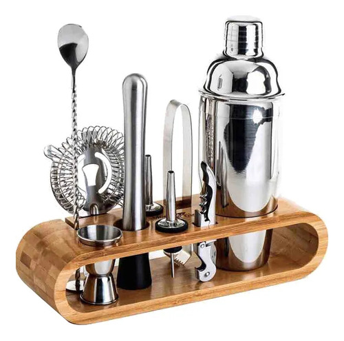 Kit De Bartender, Acero Inoxidable 10 Piezas Base De Madera