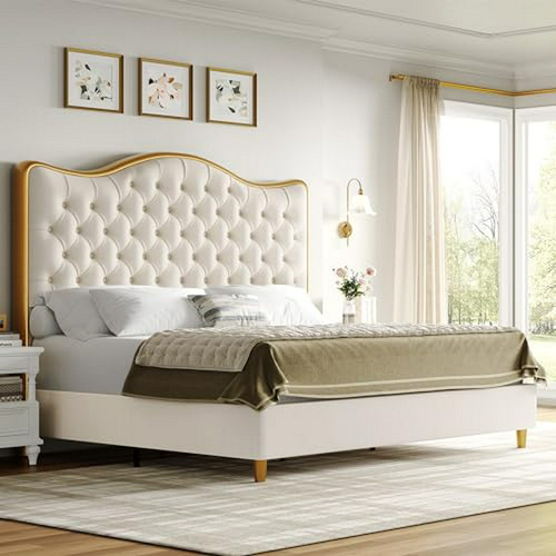 Cama Queen Size  Con Cabecera Curva Alta | Terciopelo | Boto