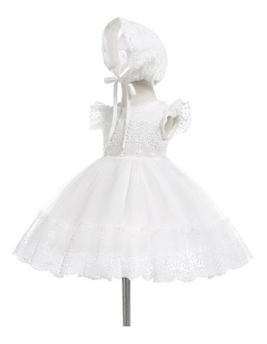 Imagem 1 de 9 de Vestido Branco P/ Bebes Com Touca P/ Batizados Casamentos