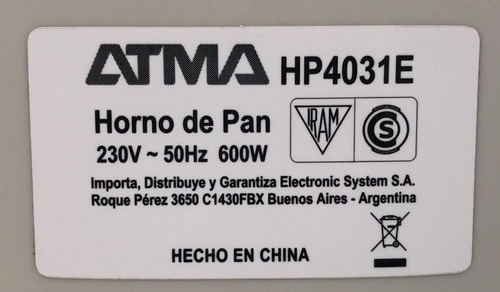 Horno De Pan Atma Easy Cook Hp4031e Blanco 900g 12 Programas Blanco (Usado)