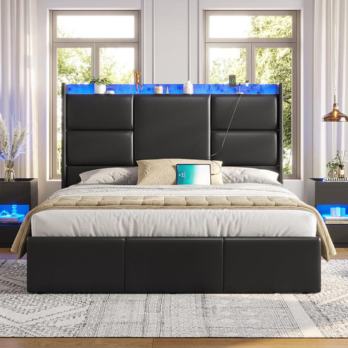 Base De Cama Con Cabecera Con Almacenamiento Negra King
