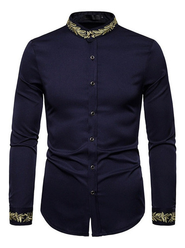 Camisa Informal De Manga Larga Con Cuello Alto Para Hombre