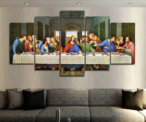 Quadro Mosaico 5 Peças Santa Ceia Jesus Apostolos  Hd