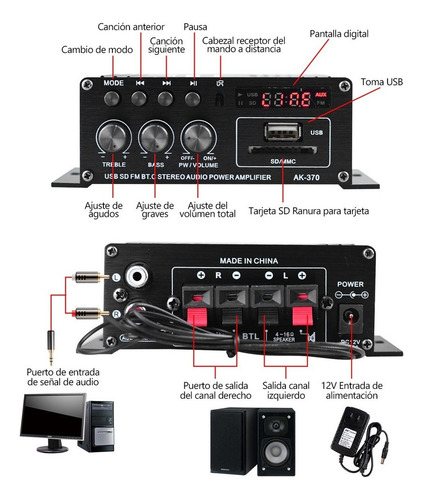 Amplificador De Audio 12v Para Automóvil Y Hogar Bluetooth