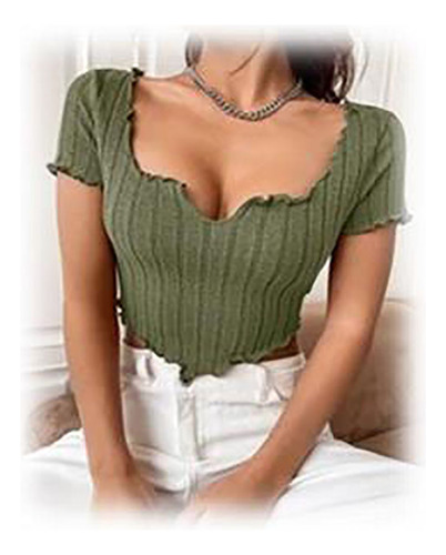 Camisa Shein Crop Cuello Scoop (verde Militar) Maga Corta