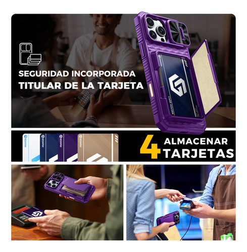 Funda Para iPhone 16 Pro Max Con Tarjetero (4-5 Tarjetas) Botón Control Cámara Tapa Deslizante Resistente A Los Golpes Tipo Billetera Púrpura + 2 Mic