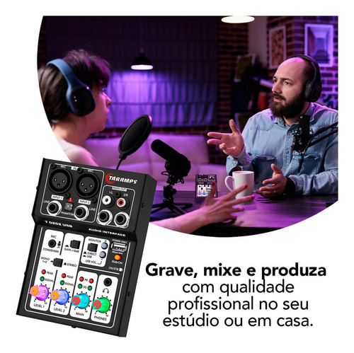 Mesa De Som Interface De Audio Stereo Usb Taramps T0202 Preta 5v Led Rgb Gamer Streaming Podcasts Live Gravação Studio Computador Pc Notebook Placa De Som Alinhamento Phantom Power 48v Rca Xlr P2 P10