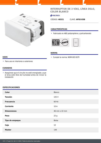 Interruptor 3 Vías Línea Oslo Color Blanco 48321 12 Pz