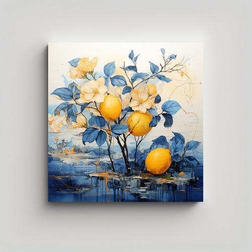 70x70cm Cuadro Abstracto Dorado Y Azul De Un Limonero Flores