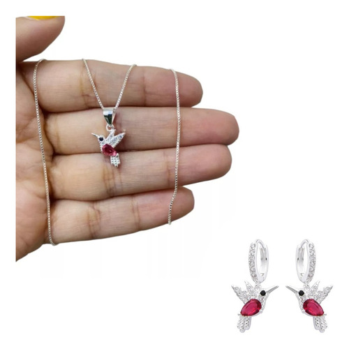 Set Cadena Aros Dije Plata 925 Mini Colibrí Zircón Mujer