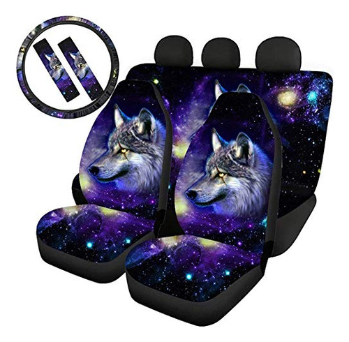 Coeqine 6 Piezas Animal Wolf Print Car Seat Cover Full Set W