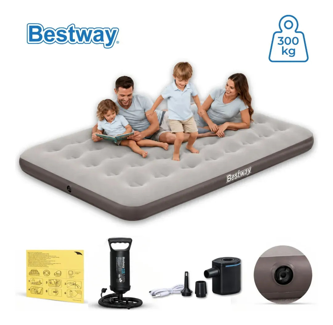 Colchão Camping Casal Inflável Onetech 300kg Bomba De Ar Bestway Cor Bege