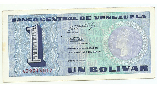 Billetes Bs. 1 A8 Octubre 5 1989 Xf