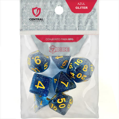 Central Dados Rpg Kit 7 Unidades Gliter D4 D6 D8 D10 D12 D20