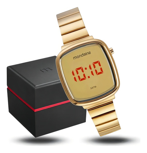 Relógio De Pulso Digital Mondaine Com Corria De Aço Inoxidável Cor Dourado