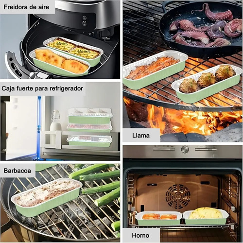Banna 50 Molde Aluminio Desechable Verde 200ml Con Tapa+cuchara, 6.8 Oz/200ml Moldes Para Tartas, Molde Rectangular De Papel De Aluminio Para Tartas, Para Picnics, Barbacoas, Camping, Bodas, Fiestas