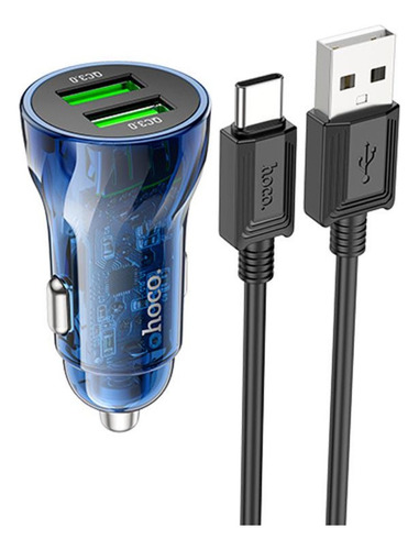 Imagen 2 de 3 de Hoco Cargador Dual Usb Auto Z47 Transparente + Cable