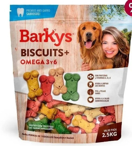 Premios P/ Perro Biscuits Con Omega 3 Y 6 Barkys Hueso 2.5kg