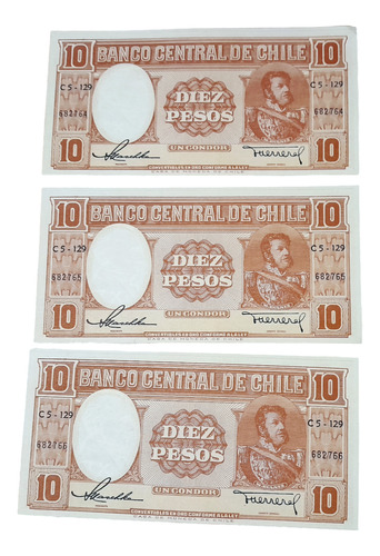 10 Pesos Chile 1 Condor 3 Billetes Correlativos Sin Circular