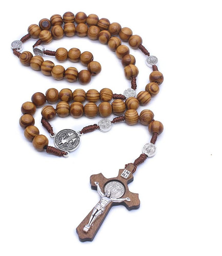 Wood Beads Rosary Necklace Saint Benedict Medal & Catho...