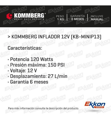 Imagen 2 de 10 de Mini Compresor Inflador 12v Kommberg 100 Psi Auto Moto