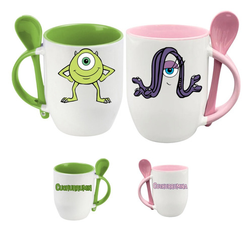 Taza Con Cucharra Mike Wazowski Y Celia Cuchurrumin Pareja Cuchurrumi Mikey Wazowski Y Celia