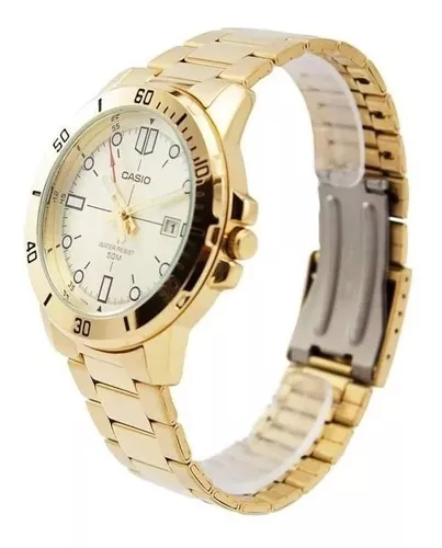 Reloj pulsera Casio Dress MTP-VD01 de cuerpo color dorado, analógico, para hombre, fondo beige, con correa de acero inoxidable color dorado, agujas color blanco y rojo, dial blanco y negro, minutero/segundero