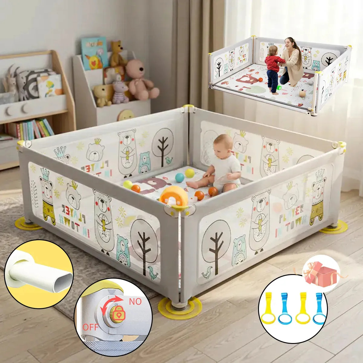 Corralito Bebé 150x180x70cm Corral , Seguro Y Estable, Con Bloqueo Infantil, 4 Asas De Apoyo Y 4 Ventosas, Antideslizante
