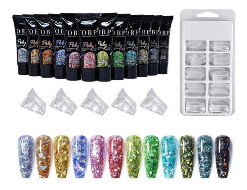 Kit Polygel Nail Glitter Para Decoración De Uñas 12pz15ml