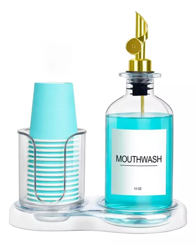 Dispensador de enjuague bucal con portavasos para baño, 2 vasos  reutilizables y 14 vasos de papel, 2 botellas de vidrio transparente con  boquillas de