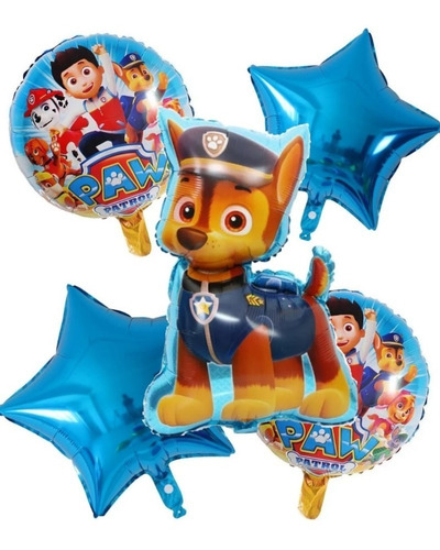  Globo Paw Patrol Chase + 2 Redondos + 2 Estrellas Azules