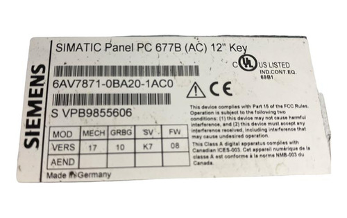 Siemens Simatic Panel Pc 677b (ac) 12 Key 6av7871-0ba20-1ac0 (Usado)