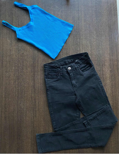 Combo Mujer Talle S Jean Negro Tiro Alto + Top Azul