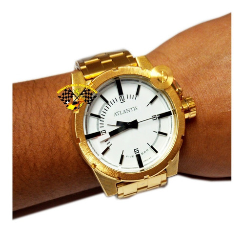 Relógio Masculino Dourado Aço Luxo Grande Atlantis A3283